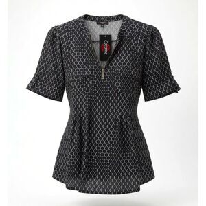Cocomo Women's Plus Size 1X Black White Geo Print Pintuck Short Sleeve Top